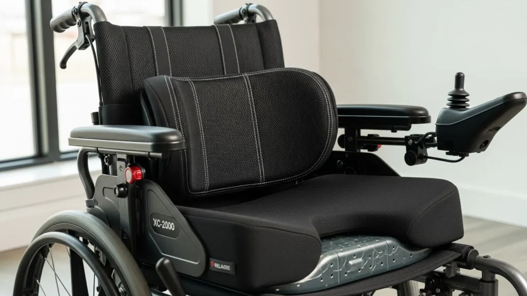 Detalhe do encosto de cadeira de rodas com apoio lombar e almofada de assento