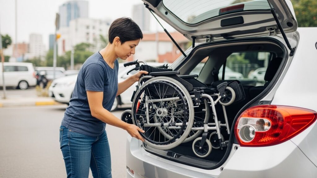 Cadeira de rodas dobrável sendo colocada no porta-malas do carro
