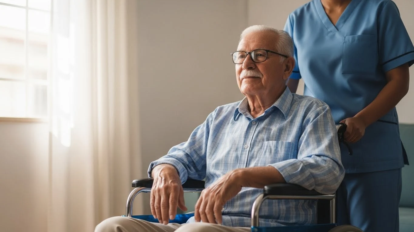 Idoso usando cadeira de rodas dentro de casa com apoio de cuidador, representando dificuldade de locomoção e conforto no dia a dia