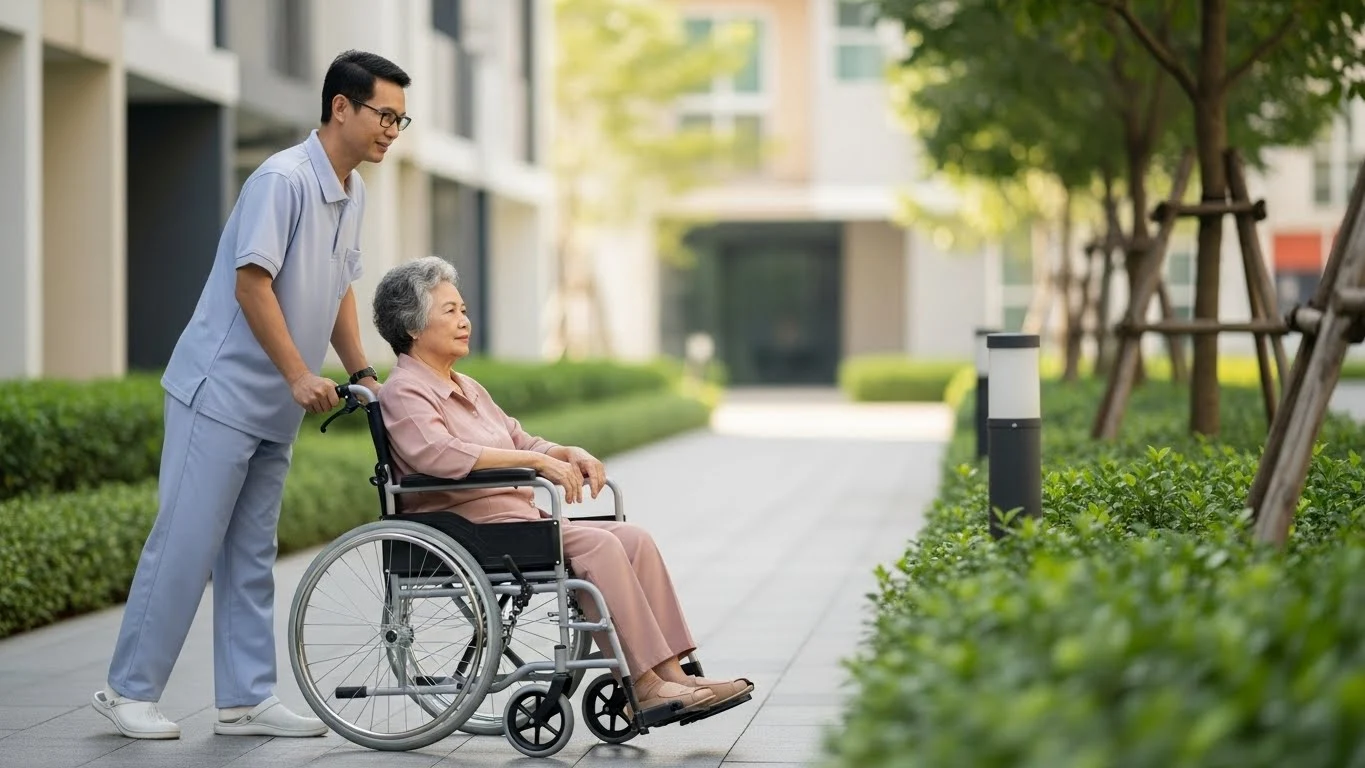 Cuidador empurrando cadeira de rodas leve com idoso, mostrando redução de esforço e mais conforto no dia a dia