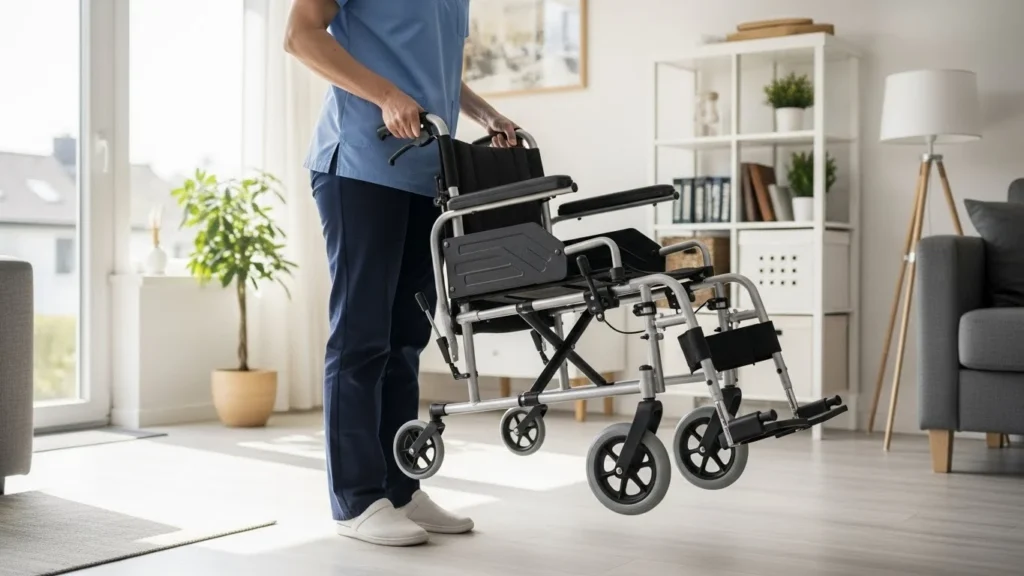 cadeira de rodas leve sendo levantada por cuidador em ambiente doméstico