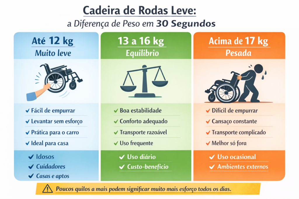 infográfico mostrando a diferença de peso entre cadeiras de rodas leves e pesadas
