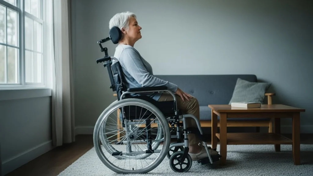 Pessoa sentada em cadeira de rodas com postura correta, costas apoiadas no encosto e posição confortável