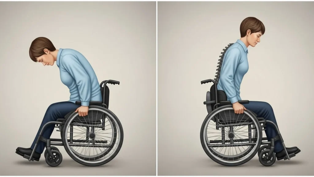 Comparação entre postura incorreta e postura correta de uma pessoa em cadeira de rodas