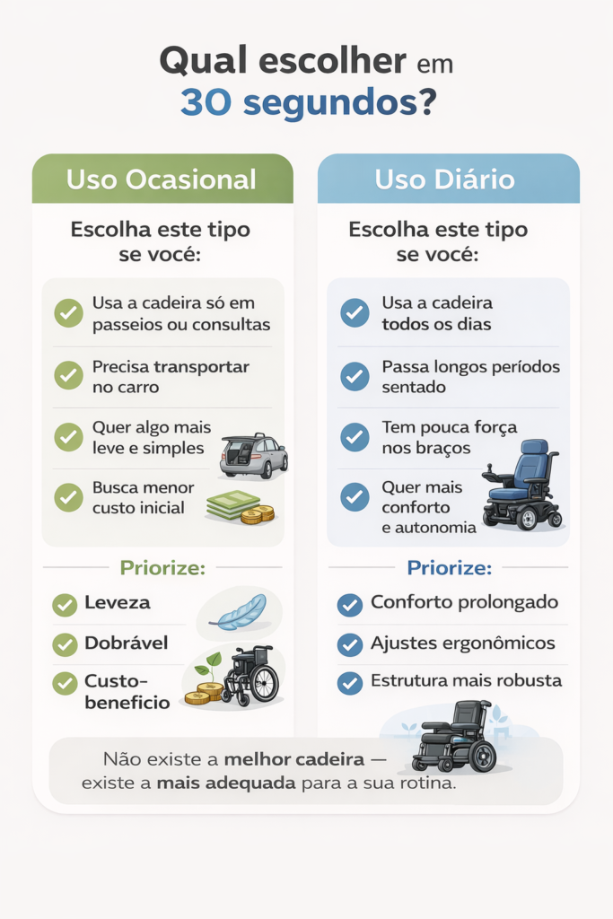 Infográfico mostrando como escolher cadeira de rodas para uso diário ou ocasional