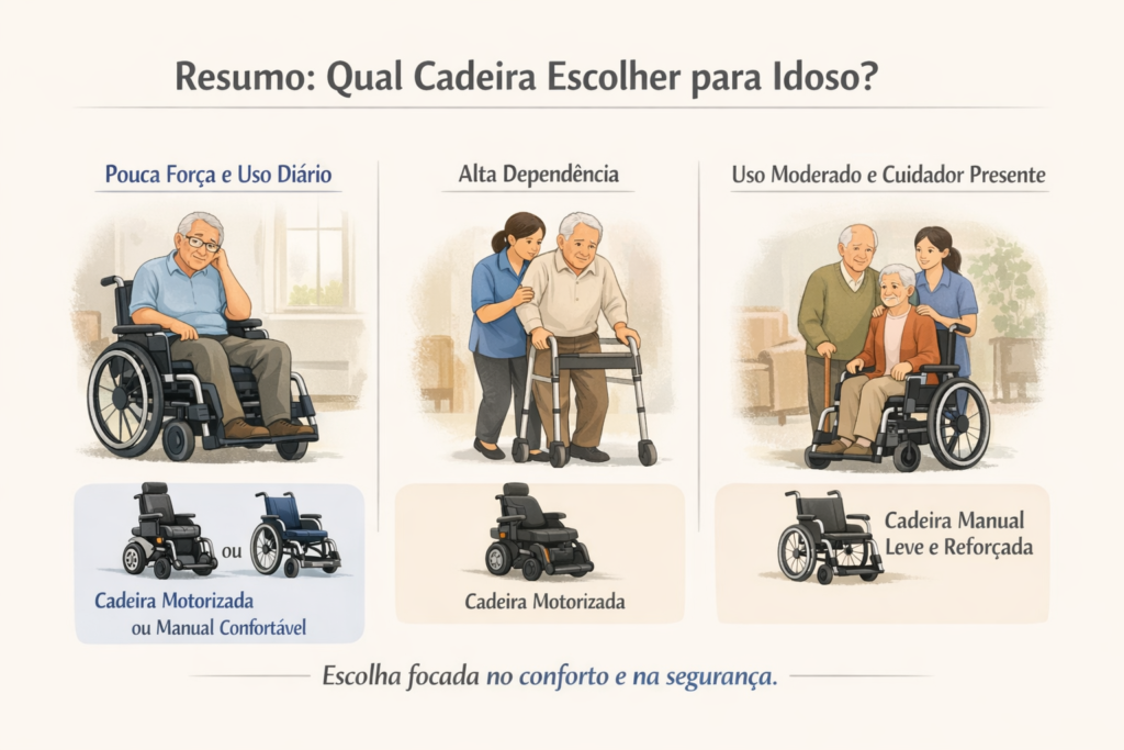 Resumo visual sobre qual cadeira de rodas escolher para idoso com dificuldade de locomoção