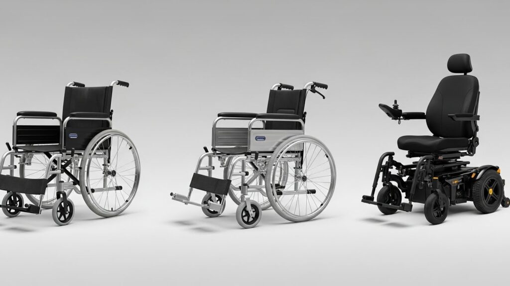Tipos de cadeira de rodas manual, dobrável e motorizada
