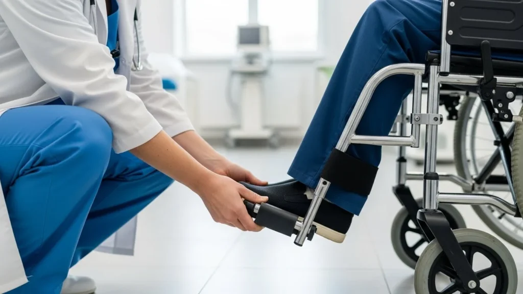 Profissional ajustando o apoio para os pés da cadeira de rodas