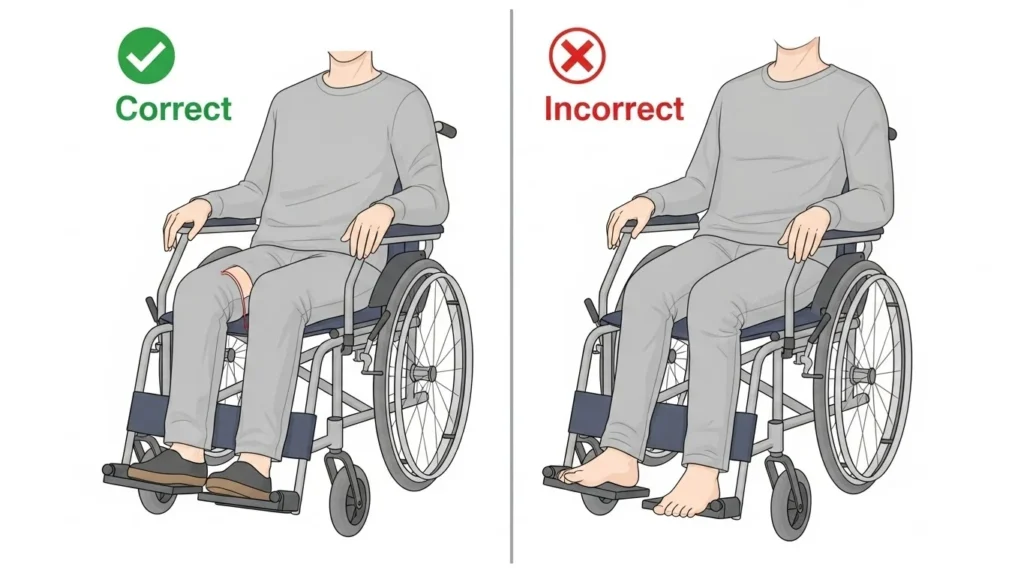 Comparação entre ajuste correto e incorreto do apoio para os pés da cadeira de rodas