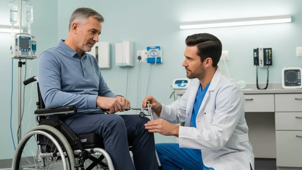 Profissional de saúde ajustando a altura do assento da cadeira de rodas para melhor ergonomia