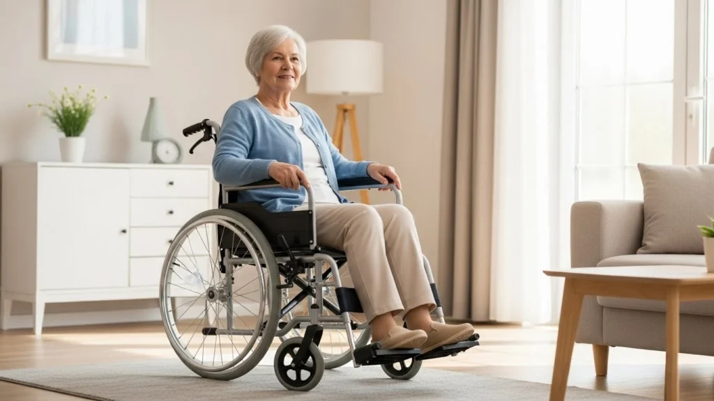 Idoso sentado em cadeira de rodas com altura de assento adequada para conforto e segurança