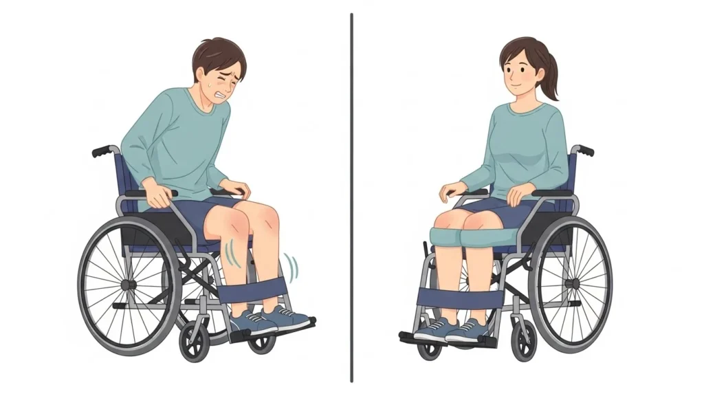Comparação entre altura correta e incorreta do assento da cadeira de rodas
