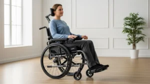 Pessoa sentada em cadeira de rodas com apoio para os pés ajustado corretamente