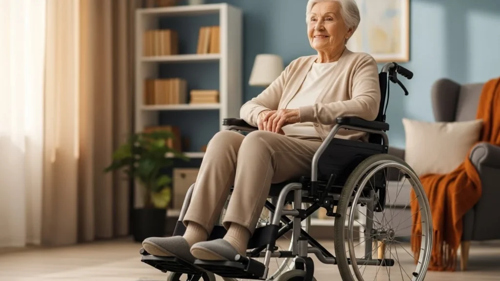 Idoso usando cadeira de rodas com apoio para os pés ajustado corretamente