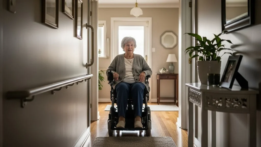 Cadeira de rodas motorizada para idosos em ambiente interno