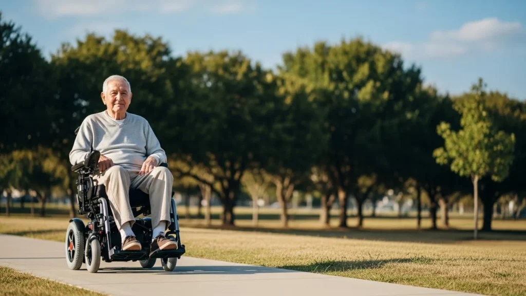 Cadeira de rodas motorizada para idoso em ambiente externo