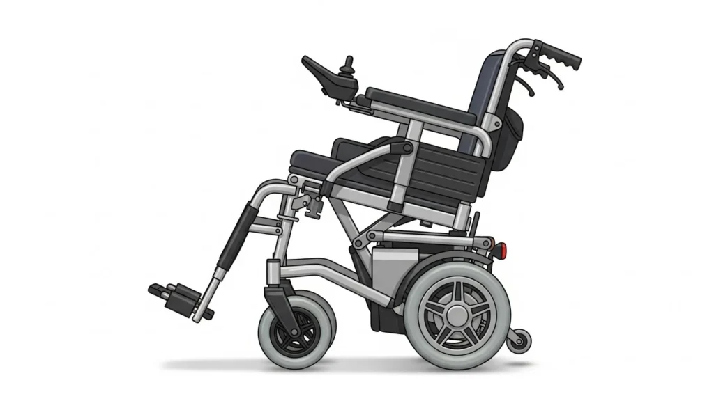 Estrutura de uma cadeira de rodas motorizada dobrável parcialmente fechada
