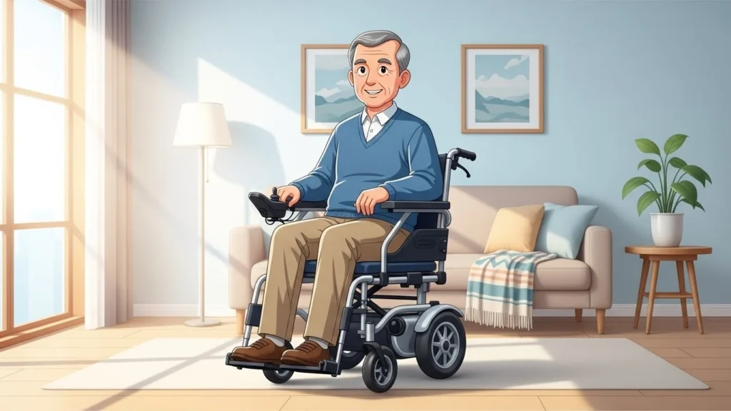 Cadeira de rodas motorizada dobrável sendo usada por idoso em ambiente doméstico
