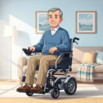 Cadeira de rodas motorizada dobrável sendo usada por idoso em ambiente doméstico