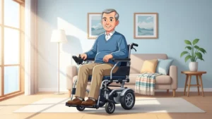 Cadeira de rodas motorizada dobrável sendo usada por idoso em ambiente doméstico