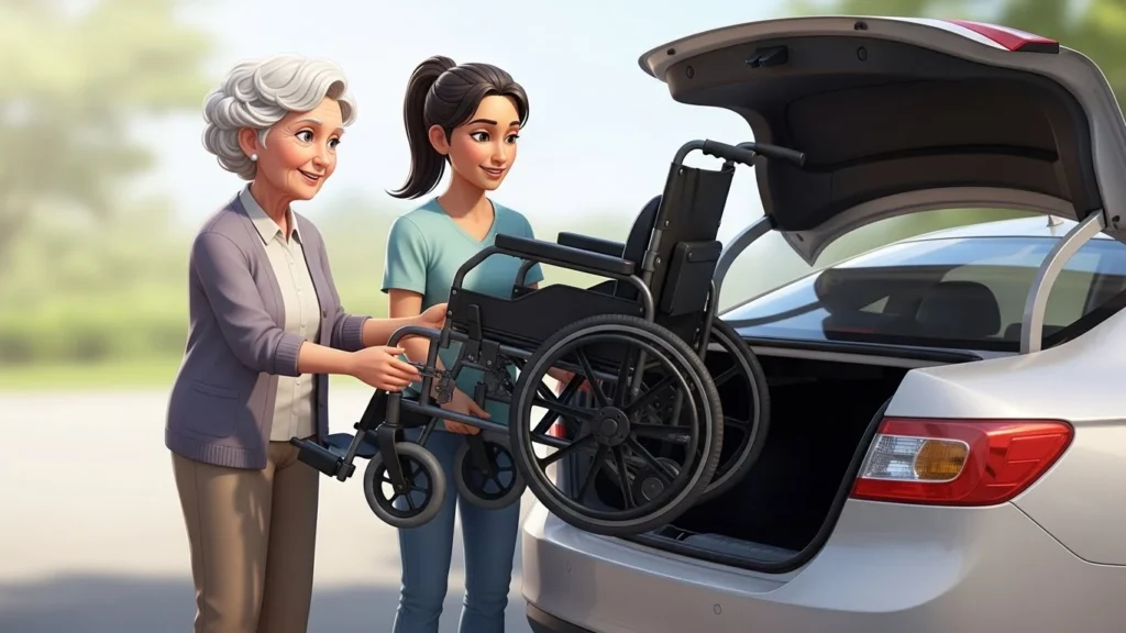 Cadeira de rodas motorizada dobrável sendo colocada no porta-malas do carro