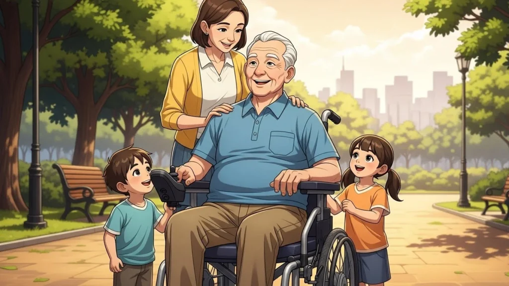 Idoso utilizando cadeira de rodas motorizada dobrável em passeio com a família