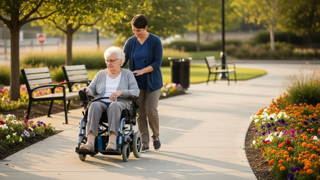 Uso seguro de cadeira de rodas motorizada dobrável em ambiente externo
