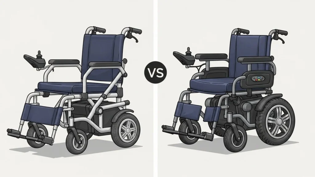 Comparação entre cadeira de rodas motorizada dobrável e modelo fixo