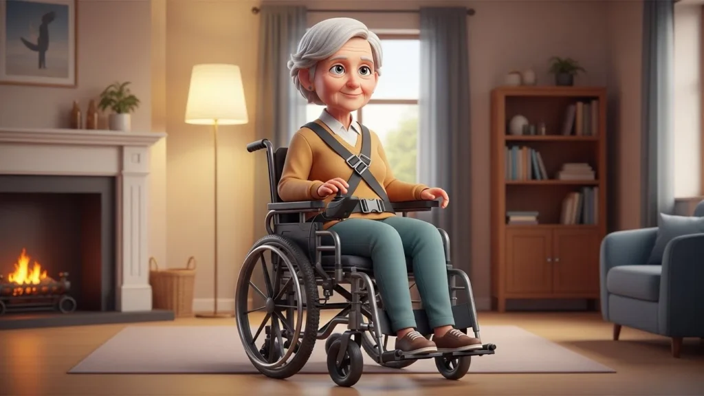 Cadeira de rodas motorizada fixa sendo utilizada em ambiente interno