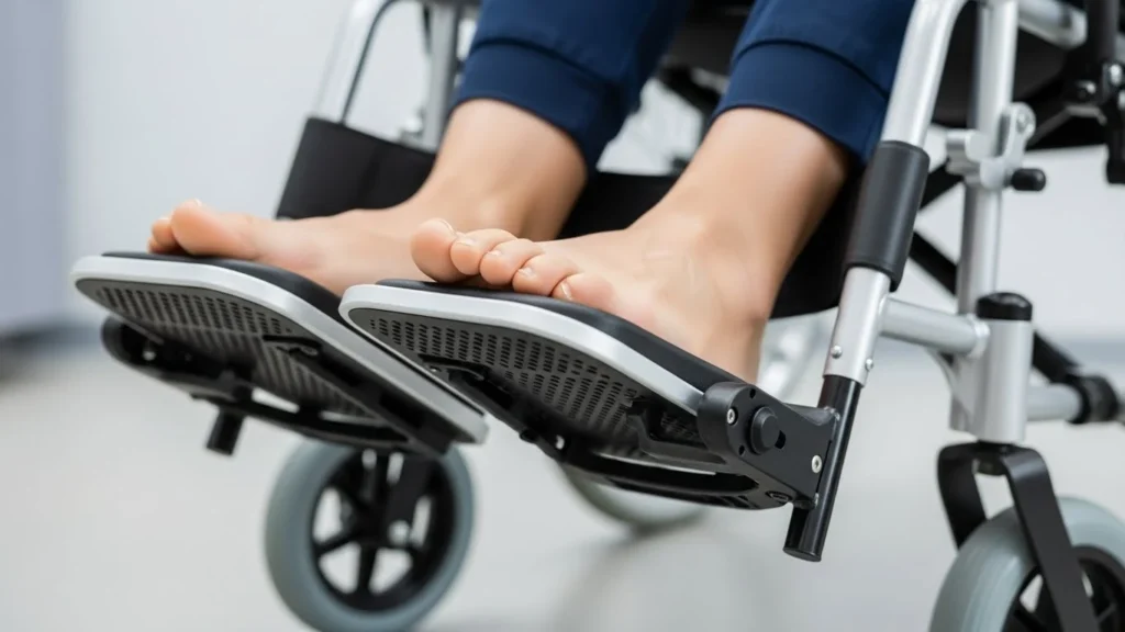 Detalhe do apoio para os pés da cadeira de rodas com ajuste adequado