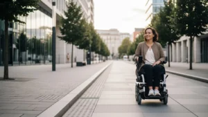 Pessoa utilizando cadeira de rodas motorizada com autonomia e conforto