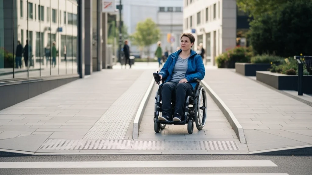 Cadeira de rodas motorizada em ambiente urbano acessível